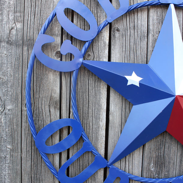 GOD BLESS OUR HOME BARN STAR INK BLUE METAL LONE STAR TWISTED ROPE RING WESTERN HOME DECOR HANDMADE #EH12843