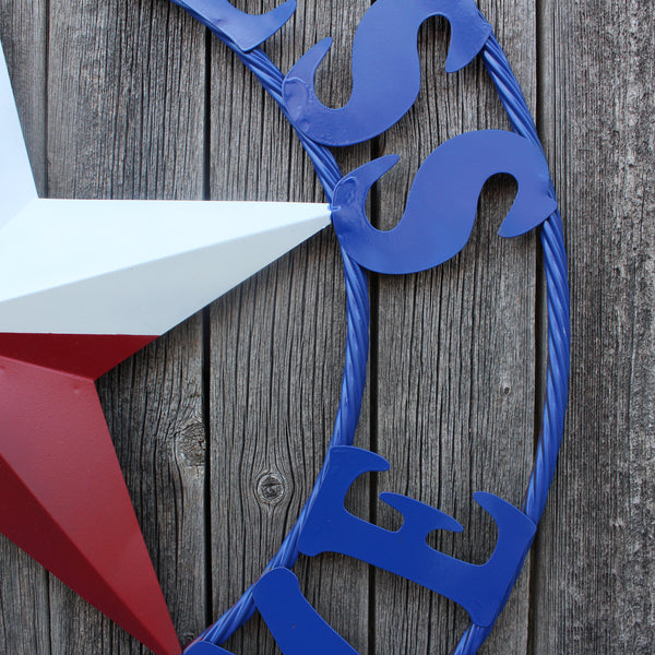 GOD BLESS OUR HOME BARN STAR INK BLUE METAL LONE STAR TWISTED ROPE RING WESTERN HOME DECOR HANDMADE #EH12843