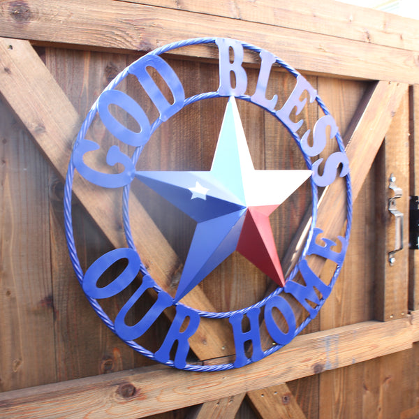 GOD BLESS OUR HOME BARN STAR INK BLUE METAL LONE STAR TWISTED ROPE RING WESTERN HOME DECOR HANDMADE #EH12843