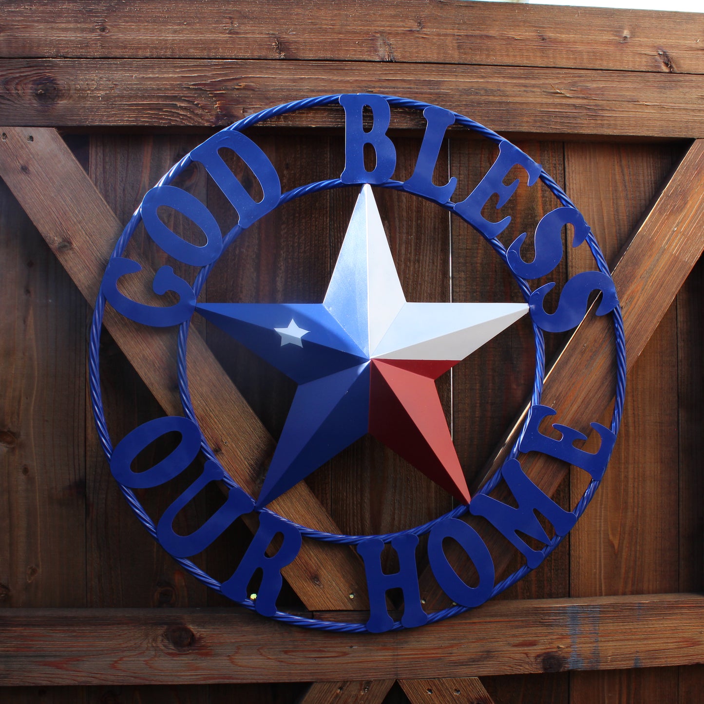 GOD BLESS OUR HOME BARN STAR INK BLUE METAL LONE STAR TWISTED ROPE RING WESTERN HOME DECOR HANDMADE #EH12843
