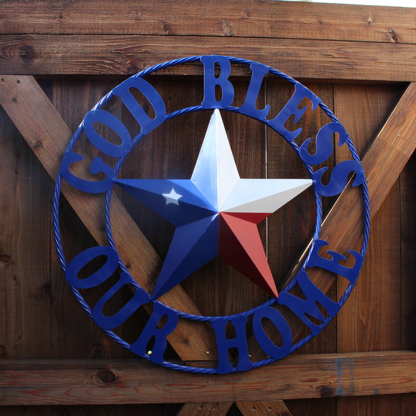 GOD BLESS OUR HOME BARN STAR INK BLUE METAL LONE STAR TWISTED ROPE RING WESTERN HOME DECOR HANDMADE #EH12843