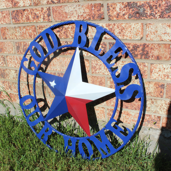 GOD BLESS OUR HOME BARN STAR INK BLUE METAL LONE STAR TWISTED ROPE RING WESTERN HOME DECOR HANDMADE #EH12843