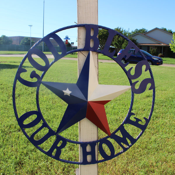 GOD BLESS OUR HOME BARN STAR INK BLUE METAL LONE STAR TWISTED ROPE RING WESTERN HOME DECOR HANDMADE #EH12843