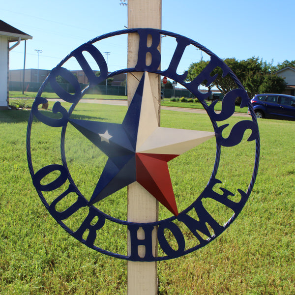 GOD BLESS OUR HOME BARN STAR INK BLUE METAL LONE STAR TWISTED ROPE RING WESTERN HOME DECOR HANDMADE #EH12843