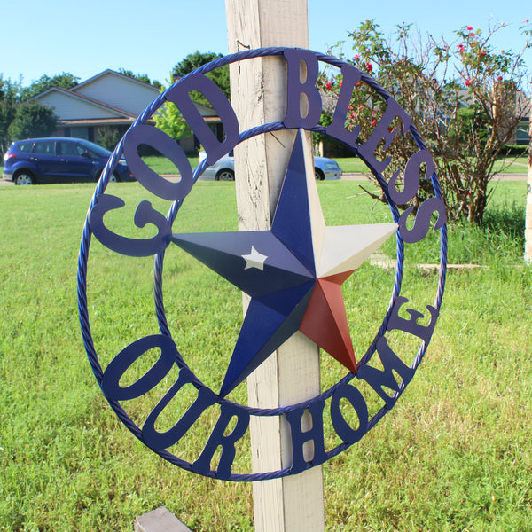 GOD BLESS OUR HOME BARN STAR INK BLUE METAL LONE STAR TWISTED ROPE RING WESTERN HOME DECOR HANDMADE #EH12843