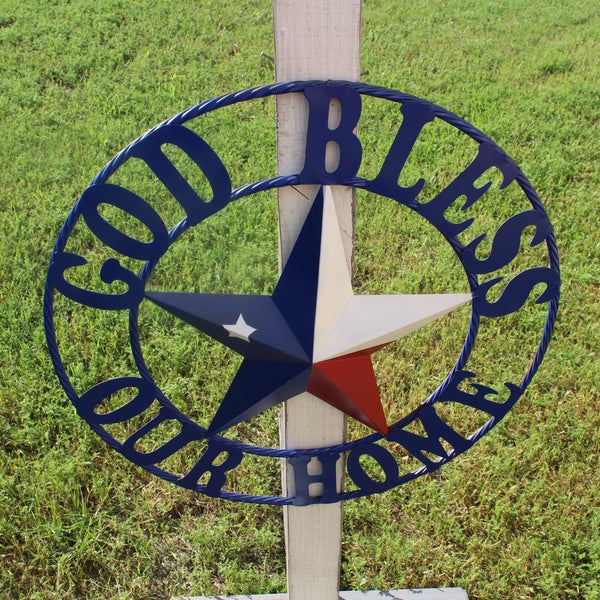 GOD BLESS OUR HOME BARN STAR INK BLUE METAL LONE STAR TWISTED ROPE RING WESTERN HOME DECOR HANDMADE #EH12843