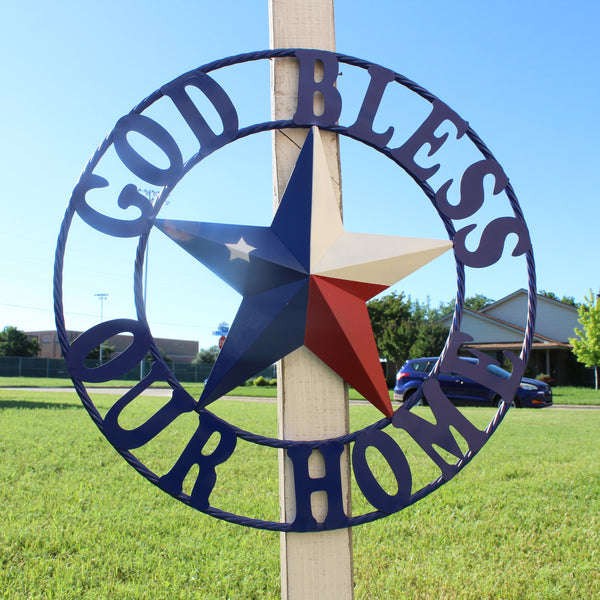 GOD BLESS OUR HOME BARN STAR INK BLUE METAL LONE STAR TWISTED ROPE RING WESTERN HOME DECOR HANDMADE #EH12843