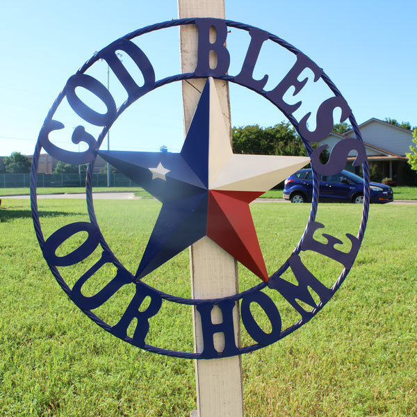 GOD BLESS OUR HOME BARN STAR INK BLUE METAL LONE STAR TWISTED ROPE RING WESTERN HOME DECOR HANDMADE #EH12843