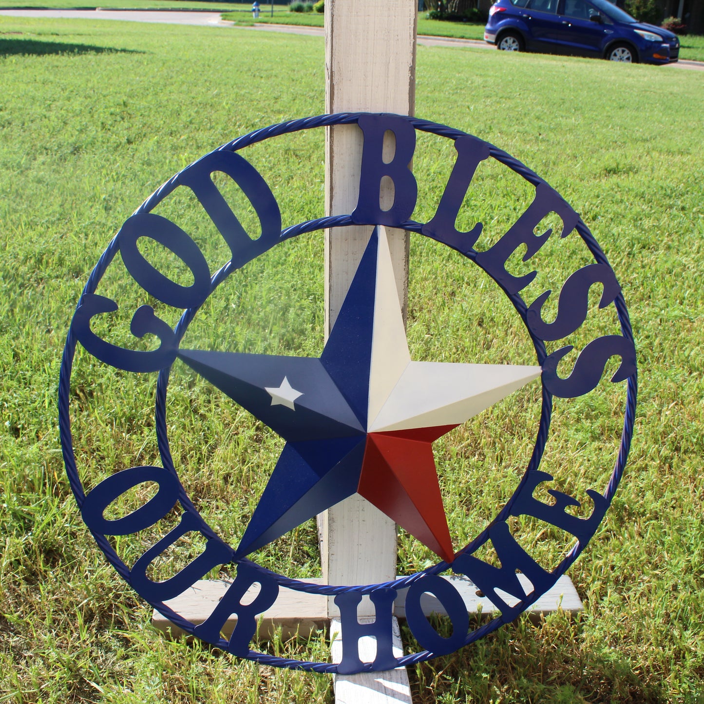 GOD BLESS OUR HOME BARN STAR INK BLUE METAL LONE STAR TWISTED ROPE RING WESTERN HOME DECOR HANDMADE #EH12843