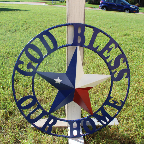 GOD BLESS OUR HOME BARN STAR INK BLUE METAL LONE STAR TWISTED ROPE RING WESTERN HOME DECOR HANDMADE #EH12843