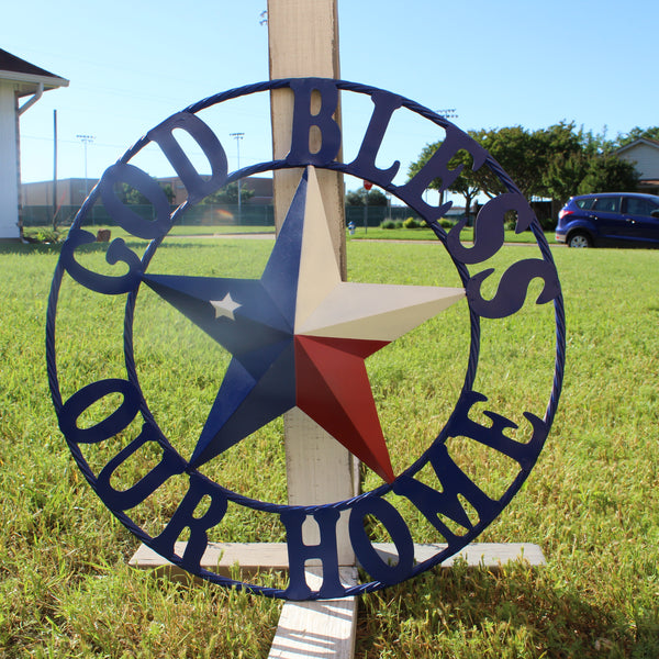 GOD BLESS OUR HOME BARN STAR INK BLUE METAL LONE STAR TWISTED ROPE RING WESTERN HOME DECOR HANDMADE #EH12843