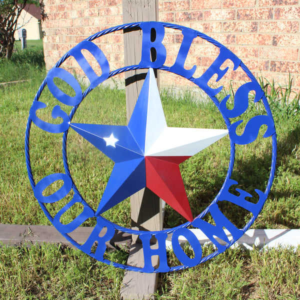 GOD BLESS OUR HOME BARN STAR INK BLUE METAL LONE STAR TWISTED ROPE RING WESTERN HOME DECOR HANDMADE #EH12843