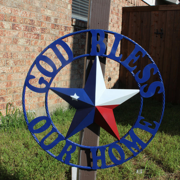 GOD BLESS OUR HOME BARN STAR INK BLUE METAL LONE STAR TWISTED ROPE RING WESTERN HOME DECOR HANDMADE #EH12843