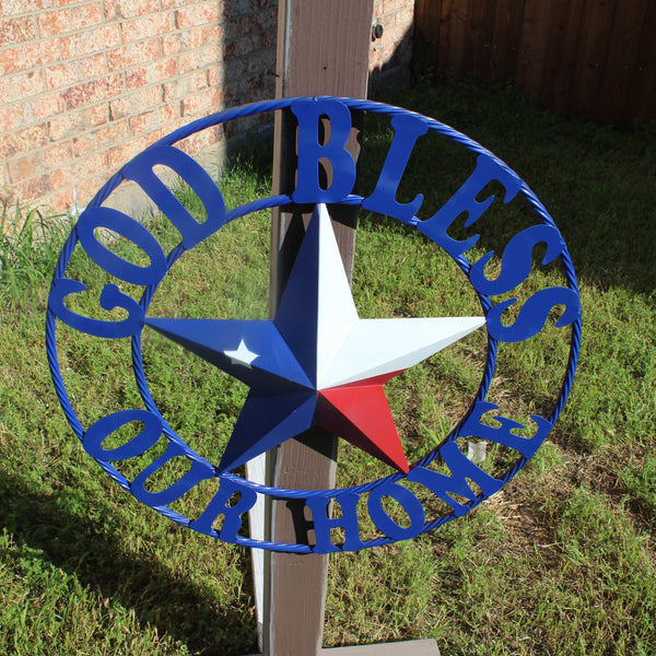 GOD BLESS OUR HOME BARN STAR INK BLUE METAL LONE STAR TWISTED ROPE RING WESTERN HOME DECOR HANDMADE #EH12843