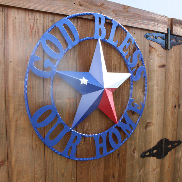 GOD BLESS OUR HOME BARN STAR INK BLUE METAL LONE STAR TWISTED ROPE RING WESTERN HOME DECOR HANDMADE #EH12843