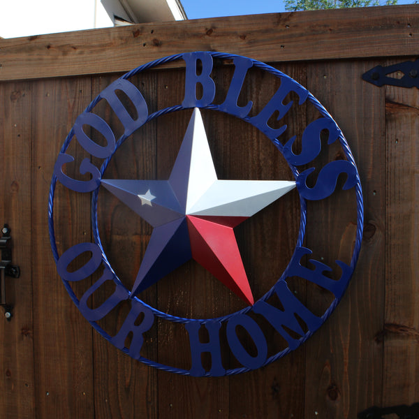 GOD BLESS OUR HOME BARN STAR INK BLUE METAL LONE STAR TWISTED ROPE RING WESTERN HOME DECOR HANDMADE #EH12843