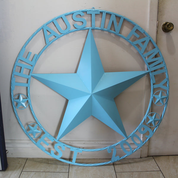AUSTIN FAMILY STYLE YOUR CUSTOM FAMILY NAME STAR METAL BARN STAR ROPE RING WESTERN HOME DECOR TURQUOISE AQUA NEW HANDMADE 24",32",36",40",50"