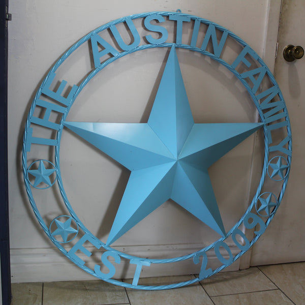 AUSTIN FAMILY STYLE YOUR CUSTOM FAMILY NAME STAR METAL BARN STAR ROPE RING WESTERN HOME DECOR TURQUOISE AQUA NEW HANDMADE 24",32",36",40",50"