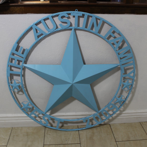 AUSTIN FAMILY STYLE YOUR CUSTOM FAMILY NAME STAR METAL BARN STAR ROPE RING WESTERN HOME DECOR TURQUOISE AQUA NEW HANDMADE 24",32",36",40",50"