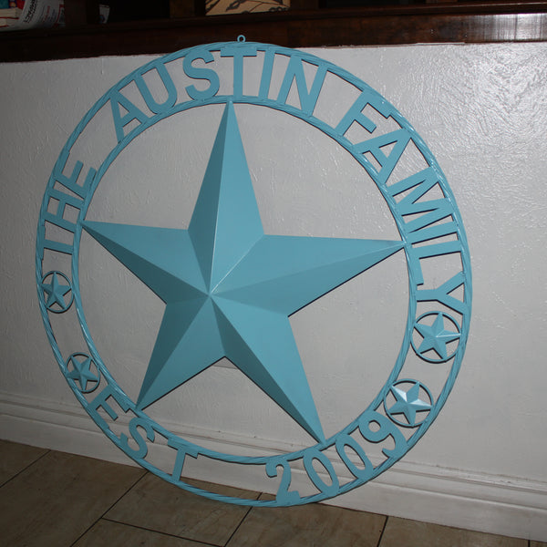 AUSTIN FAMILY STYLE YOUR CUSTOM FAMILY NAME STAR METAL BARN STAR ROPE RING WESTERN HOME DECOR TURQUOISE AQUA NEW HANDMADE 24",32",36",40",50"