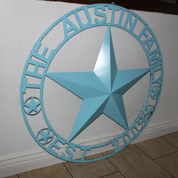 AUSTIN FAMILY STYLE YOUR CUSTOM FAMILY NAME STAR METAL BARN STAR ROPE RING WESTERN HOME DECOR TURQUOISE AQUA NEW HANDMADE 24",32",36",40",50"