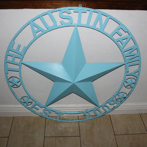 AUSTIN FAMILY STYLE YOUR CUSTOM FAMILY NAME STAR METAL BARN STAR ROPE RING WESTERN HOME DECOR TURQUOISE AQUA NEW HANDMADE 24",32",36",40",50"