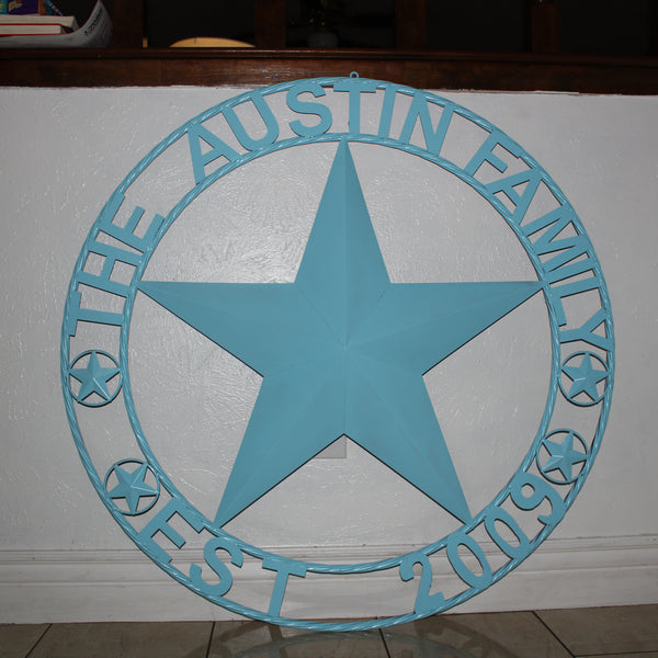 AUSTIN FAMILY STYLE YOUR CUSTOM FAMILY NAME STAR METAL BARN STAR ROPE RING WESTERN HOME DECOR TURQUOISE AQUA NEW HANDMADE 24",32",36",40",50"