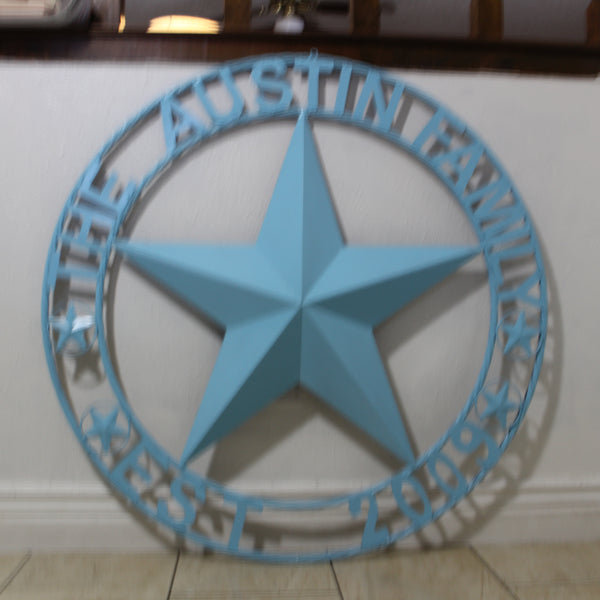 AUSTIN FAMILY STYLE YOUR CUSTOM FAMILY NAME STAR METAL BARN STAR ROPE RING WESTERN HOME DECOR TURQUOISE AQUA NEW HANDMADE 24",32",36",40",50"
