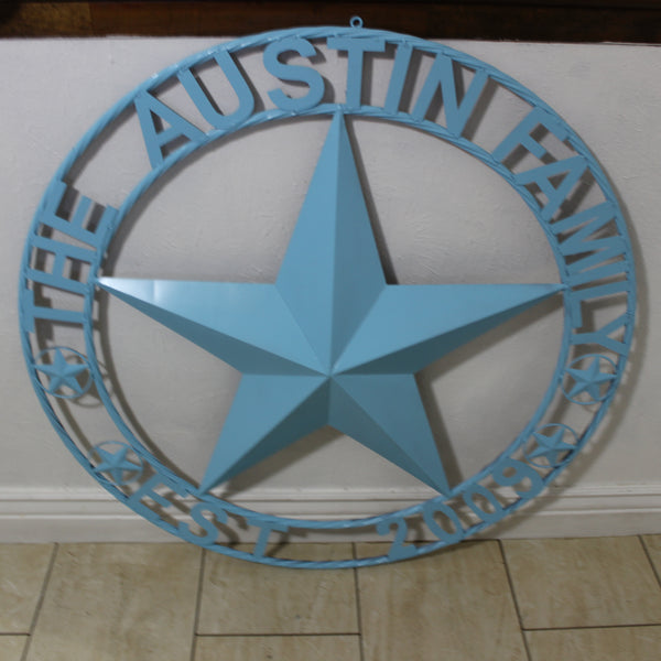 AUSTIN FAMILY STYLE YOUR CUSTOM FAMILY NAME STAR METAL BARN STAR ROPE RING WESTERN HOME DECOR TURQUOISE AQUA NEW HANDMADE 24",32",36",40",50"