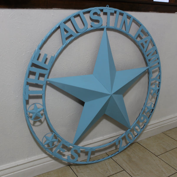 AUSTIN FAMILY STYLE YOUR CUSTOM FAMILY NAME STAR METAL BARN STAR ROPE RING WESTERN HOME DECOR TURQUOISE AQUA NEW HANDMADE 24",32",36",40",50"
