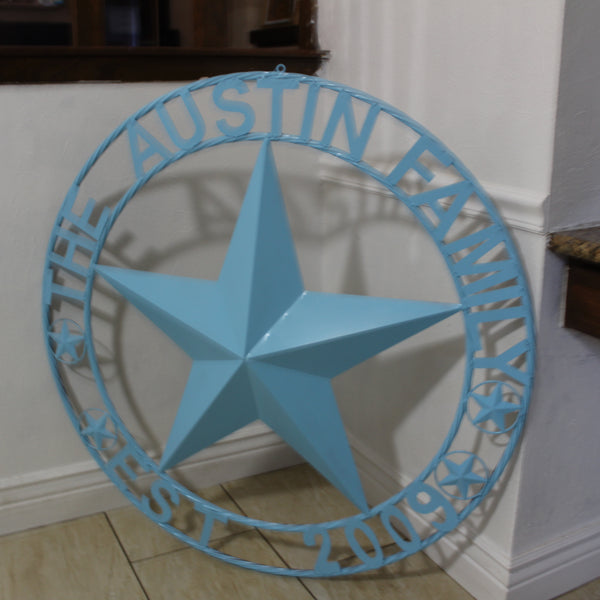 AUSTIN FAMILY STYLE YOUR CUSTOM FAMILY NAME STAR METAL BARN STAR ROPE RING WESTERN HOME DECOR TURQUOISE AQUA NEW HANDMADE 24",32",36",40",50"