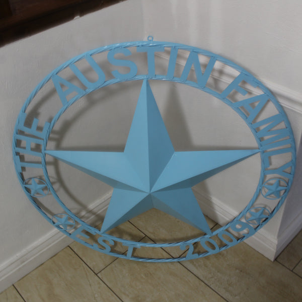 AUSTIN FAMILY STYLE YOUR CUSTOM FAMILY NAME STAR METAL BARN STAR ROPE RING WESTERN HOME DECOR TURQUOISE AQUA NEW HANDMADE 24",32",36",40",50"