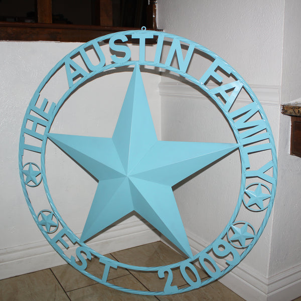 AUSTIN FAMILY STYLE YOUR CUSTOM FAMILY NAME STAR METAL BARN STAR ROPE RING WESTERN HOME DECOR TURQUOISE AQUA NEW HANDMADE 24",32",36",40",50"