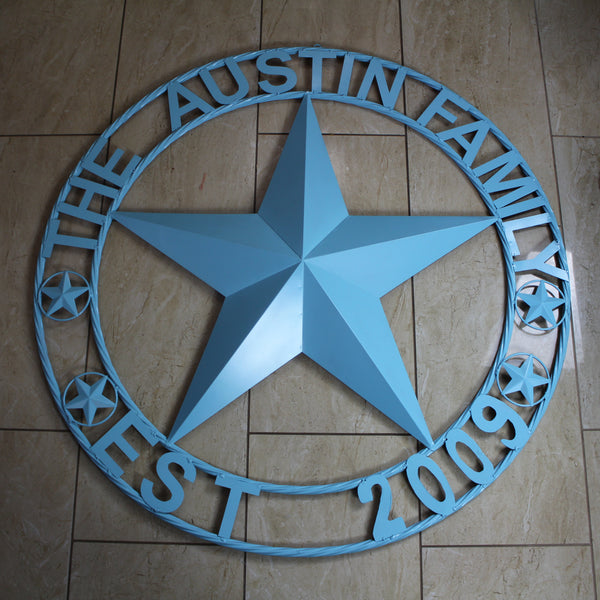 AUSTIN FAMILY STYLE YOUR CUSTOM FAMILY NAME STAR METAL BARN STAR ROPE RING WESTERN HOME DECOR TURQUOISE AQUA NEW HANDMADE 24",32",36",40",50"