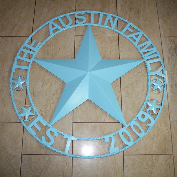 AUSTIN FAMILY STYLE YOUR CUSTOM FAMILY NAME STAR METAL BARN STAR ROPE RING WESTERN HOME DECOR TURQUOISE AQUA NEW HANDMADE 24",32",36",40",50"