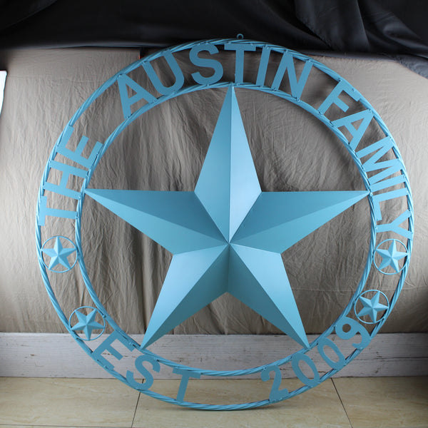 AUSTIN FAMILY STYLE YOUR CUSTOM FAMILY NAME STAR METAL BARN STAR ROPE RING WESTERN HOME DECOR TURQUOISE AQUA NEW HANDMADE 24",32",36",40",50"