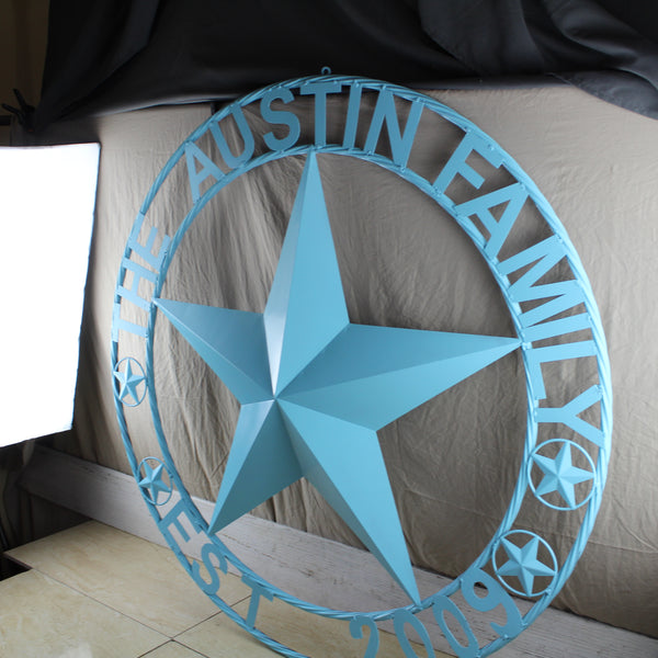 AUSTIN FAMILY STYLE YOUR CUSTOM FAMILY NAME STAR METAL BARN STAR ROPE RING WESTERN HOME DECOR TURQUOISE AQUA NEW HANDMADE 24",32",36",40",50"