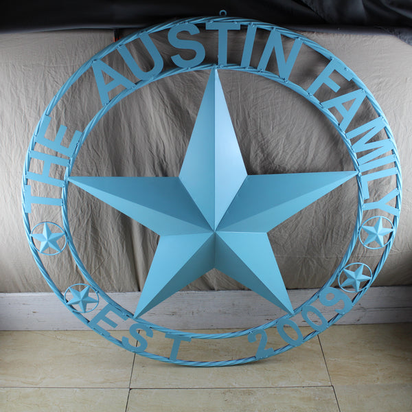 AUSTIN FAMILY STYLE YOUR CUSTOM FAMILY NAME STAR METAL BARN STAR ROPE RING WESTERN HOME DECOR TURQUOISE AQUA NEW HANDMADE 24",32",36",40",50"