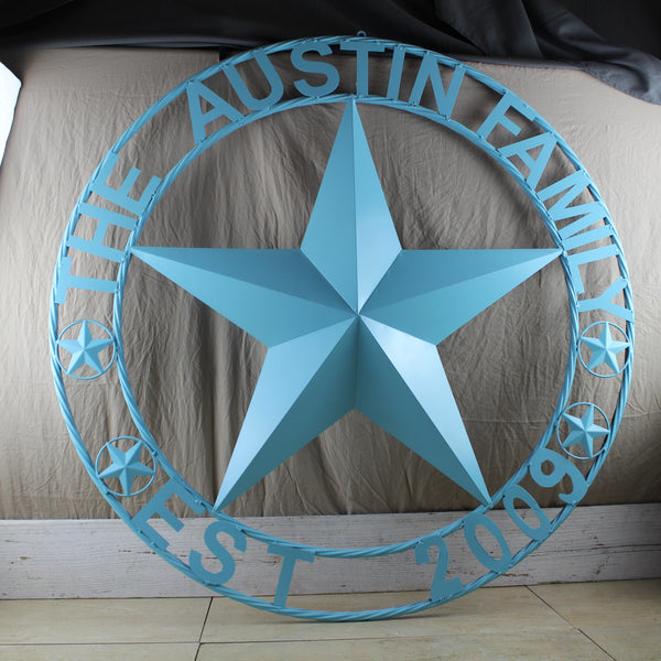 AUSTIN FAMILY STYLE YOUR CUSTOM FAMILY NAME STAR METAL BARN STAR ROPE RING WESTERN HOME DECOR TURQUOISE AQUA NEW HANDMADE 24",32",36",40",50"