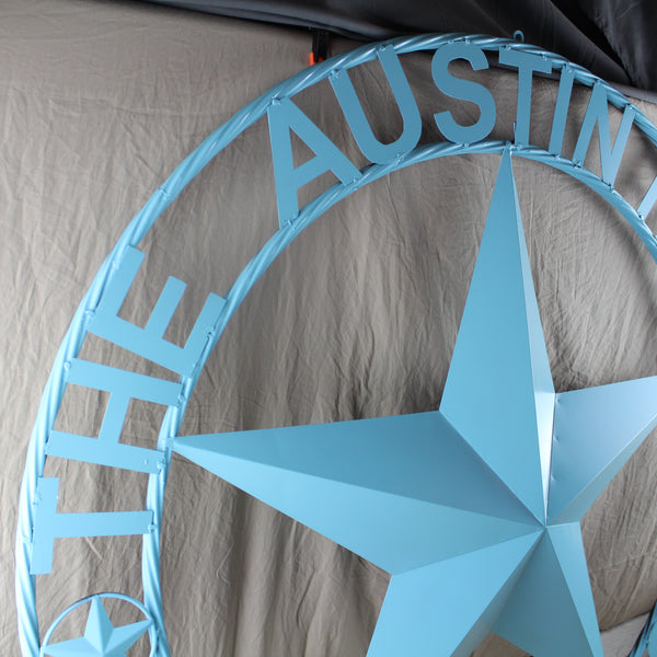 AUSTIN FAMILY STYLE YOUR CUSTOM FAMILY NAME STAR METAL BARN STAR ROPE RING WESTERN HOME DECOR TURQUOISE AQUA NEW HANDMADE 24",32",36",40",50"