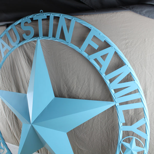 AUSTIN FAMILY STYLE YOUR CUSTOM FAMILY NAME STAR METAL BARN STAR ROPE RING WESTERN HOME DECOR TURQUOISE AQUA NEW HANDMADE 24",32",36",40",50"