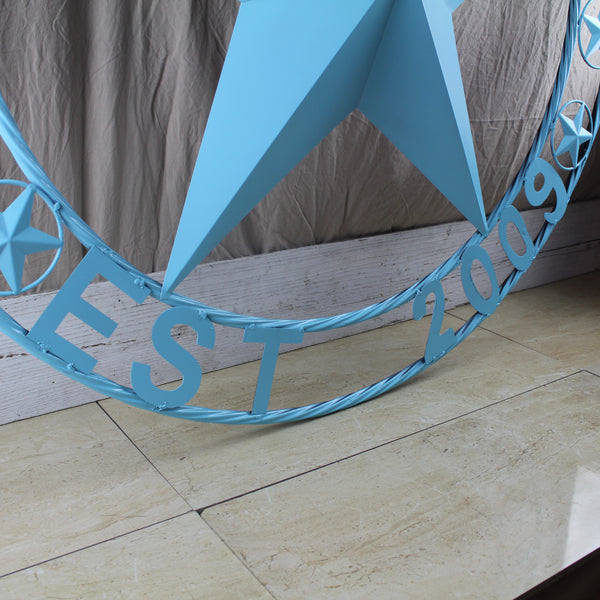 AUSTIN FAMILY STYLE YOUR CUSTOM FAMILY NAME STAR METAL BARN STAR ROPE RING WESTERN HOME DECOR TURQUOISE AQUA NEW HANDMADE 24",32",36",40",50"