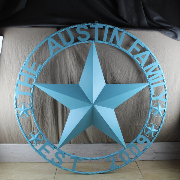 AUSTIN FAMILY STYLE YOUR CUSTOM FAMILY NAME STAR METAL BARN STAR ROPE RING WESTERN HOME DECOR TURQUOISE AQUA NEW HANDMADE 24",32",36",40",50"