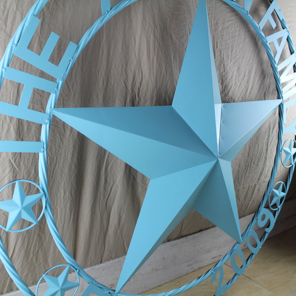 AUSTIN FAMILY STYLE YOUR CUSTOM FAMILY NAME STAR METAL BARN STAR ROPE RING WESTERN HOME DECOR TURQUOISE AQUA NEW HANDMADE 24",32",36",40",50"