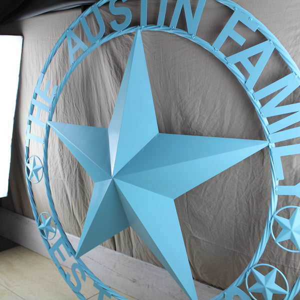 AUSTIN FAMILY STYLE YOUR CUSTOM FAMILY NAME STAR METAL BARN STAR ROPE RING WESTERN HOME DECOR TURQUOISE AQUA NEW HANDMADE 24",32",36",40",50"