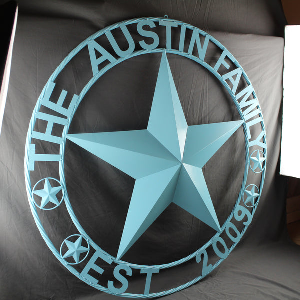 AUSTIN FAMILY STYLE YOUR CUSTOM FAMILY NAME STAR METAL BARN STAR ROPE RING WESTERN HOME DECOR TURQUOISE AQUA NEW HANDMADE 24",32",36",40",50"