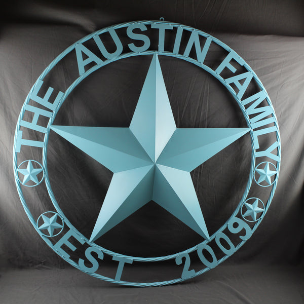 AUSTIN FAMILY STYLE YOUR CUSTOM FAMILY NAME STAR METAL BARN STAR ROPE RING WESTERN HOME DECOR TURQUOISE AQUA NEW HANDMADE 24",32",36",40",50"