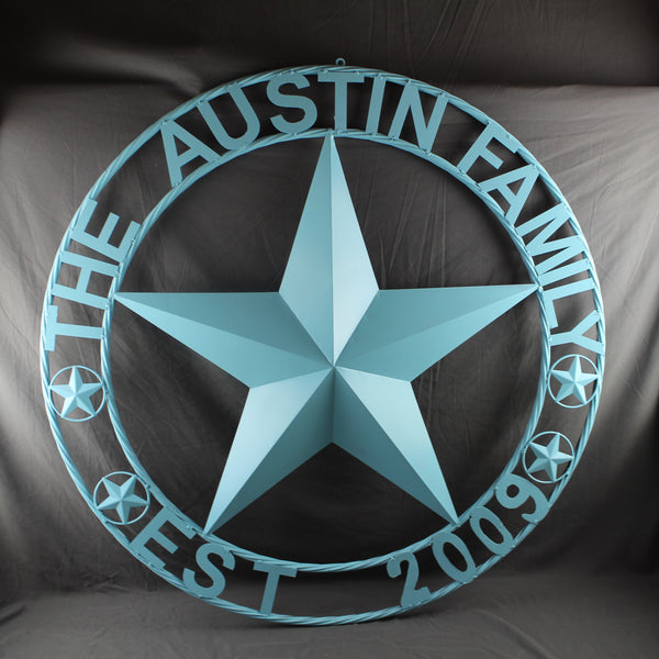 AUSTIN FAMILY STYLE YOUR CUSTOM FAMILY NAME STAR METAL BARN STAR ROPE RING WESTERN HOME DECOR TURQUOISE AQUA NEW HANDMADE 24",32",36",40",50"