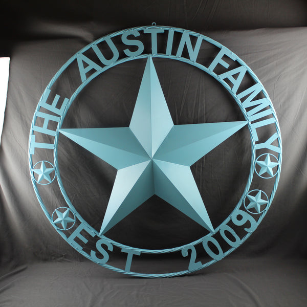 AUSTIN FAMILY STYLE YOUR CUSTOM FAMILY NAME STAR METAL BARN STAR ROPE RING WESTERN HOME DECOR TURQUOISE AQUA NEW HANDMADE 24",32",36",40",50"