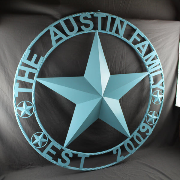 AUSTIN FAMILY STYLE YOUR CUSTOM FAMILY NAME STAR METAL BARN STAR ROPE RING WESTERN HOME DECOR TURQUOISE AQUA NEW HANDMADE 24",32",36",40",50"